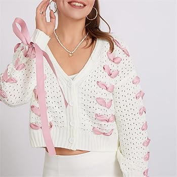 Women Cute Bow Sweater Long Sleeve Bow Front Knitted
